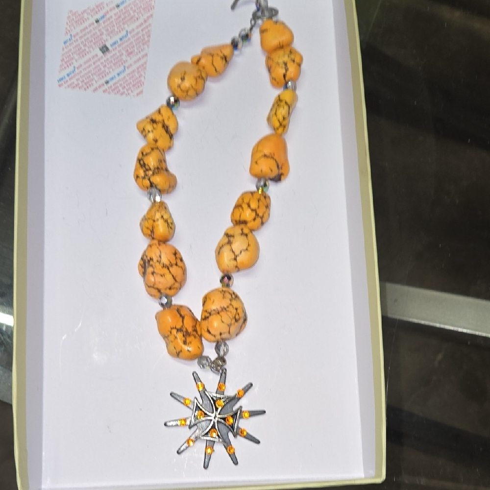 Orange Beaded Necklace with Star Pendant